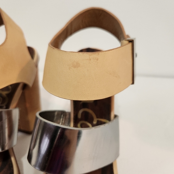 Sam Edelman "Yelena" Metallic Mirror Strap Nude Chunky Block Heels - Picture 6 of 12